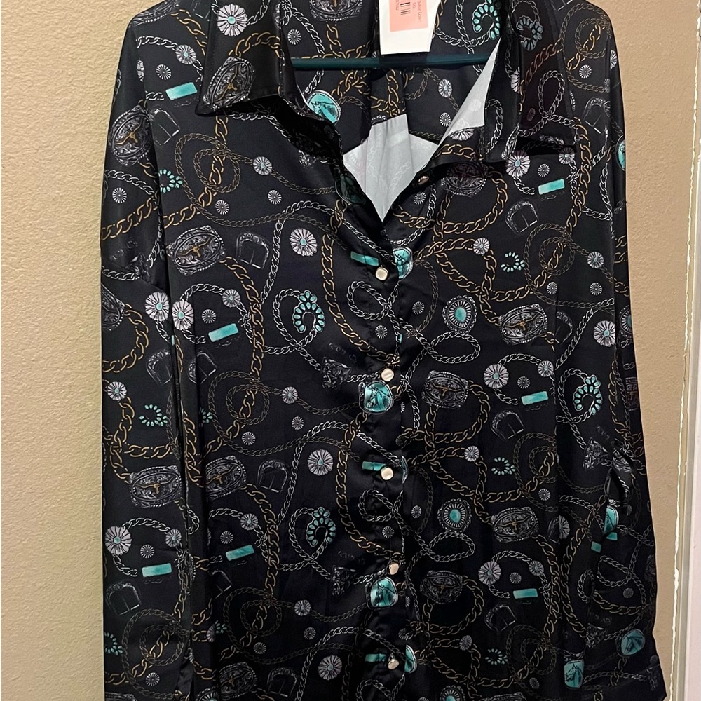 stem Black Satin Button-Up Blouse with Teal and Gold Chain Print